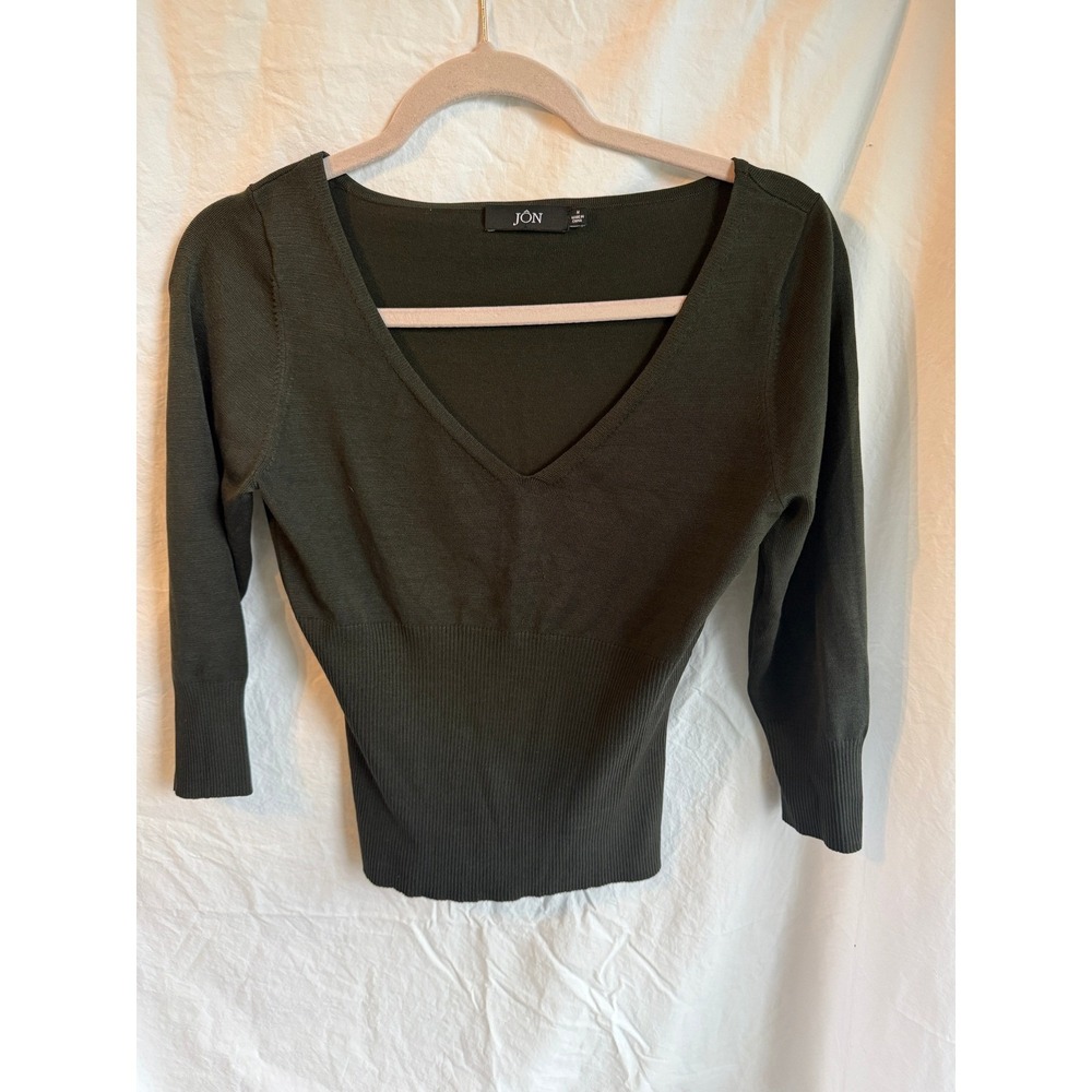 JON Womens Olive Green V-Neck Knit Sweater Top 3/4 Sleeve Ribbed Waist Size M